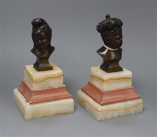 A pair of bronze busts of children on marble bases, height 17cm and an Austrian gilt bronze of a bulldog signed Jarl